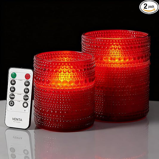 VENTA Set of 2 Red Glass Flameless Candles with Remote | Dimmable Flickering Votives, Ideal for a Romantic Dinner, Anniversaries, and Home Ambiance | Decorative Table Lamp