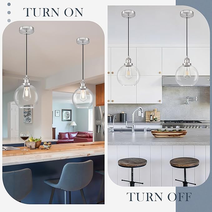 Bagood 8" Glass Pendant Light Clear Globe Pendant Lights Kitchen Island Brushed Nickel Glass Pendant Lights Kitchen Island Globe Pendant Light fixtures Pendant Light Farmhouse(Bulb Incl.)