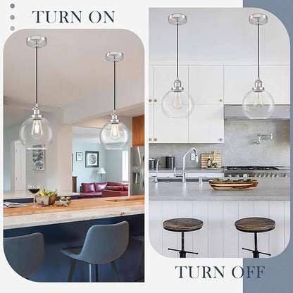 Bagood 8" Glass Pendant Light Clear Globe Pendant Lights Kitchen Island Brushed Nickel Glass Pendant Lights Kitchen Island Globe Pendant Light fixtures Pendant Light Farmhouse(Bulb Incl.)