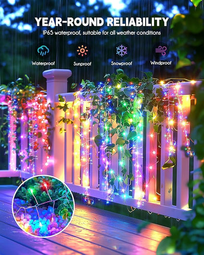 Brightown Solar Lights for Outside, 10Ft 120 LED Solar String Lights Outdoor Waterproof, 8 Modes Firecracker Balcony Light for Tree Patio Christmas Party Wedding Decor, Multicolor