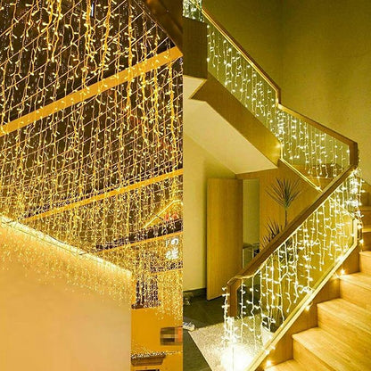 ZIMINGU Icicle Diwali Lights Outdoor, Christmas Hanging Window Curtains Dangling 16.4FT 216LEDs 8 Modes Weeping Willow Ceiling Fairy String Lights, Warm White, 5M