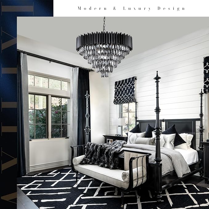A AXILIXI Large Black Crystal Chandeliers Modern 30'' Round Chandeliers Lights Fixtures for Foyer Pendant Light 16 Lights 6-Tiers Smoke K9 for Staircase Dinning Room Living Room Bedroom