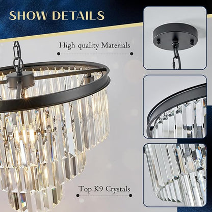 Crystal Chandeliers Black Modern Round 20" Chandelier 7 Lights 3-Tier Ceiling Pendant Light Fixture Luxury K9 Crystal Lighting for Living Room Dining Room Bedroom Kitchen Foyer