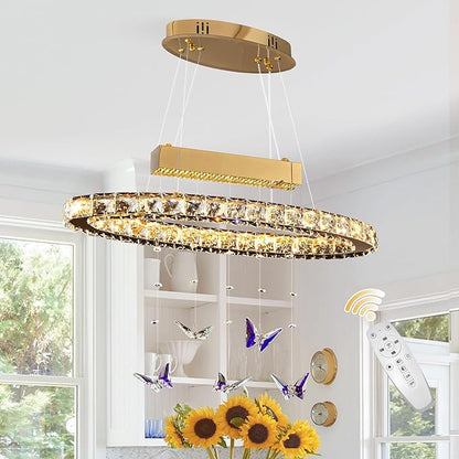 L 24" LED Gold Crystal Butterfly Chandelier, Dimmble LED Light Fixtures with Remote, Gold Modern Oval Crystal Chandeliers, for Dining Room, Kitchen Island, Entryway, Living Room, Bedroom