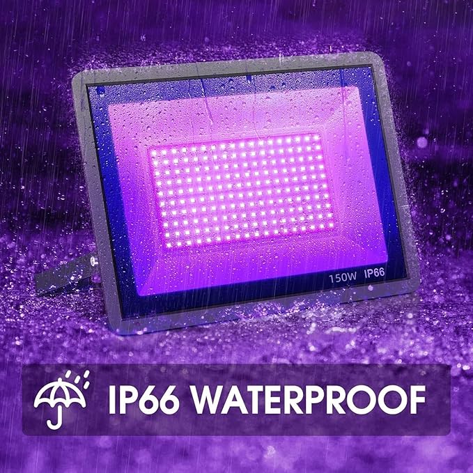 YANYCN 4 Pack 150W LED Black Lights, Blacklight Flood Light Outdoor with Plug and Switch, IP66 Waterproof for Dance Party, Glow in The Dark, Halloween Lights, Body Paint, Fluorescent Poster