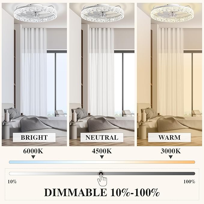 Ceiling Fans with Lights and Remote Fandelier - 20'' Flush Mount Crystal & White Low Profile Modern Ceiling Fans for Bedroom - Stepless Color Temperature and 6 Speeds