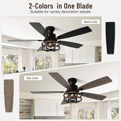 52" Farmhouse Ceiling Fans with Lights and Remote,Chandelier Ceiling Fan with 5 Double Colour Blades Reversible DC Motor,Rustic Caged Ceiling Fan for Living Room,Dining Room,Bedroom