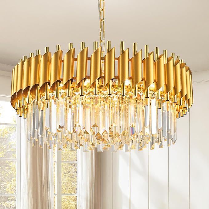 Gold Crystal Chandelier Round Chandeliers – 24" with 5-Tier Sparkling K9 Crystals, Chandeliers for Dining Room Living Room Bedroom Foyer