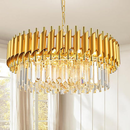 Gold Crystal Chandelier Round Chandeliers – 24" with 5-Tier Sparkling K9 Crystals, Chandeliers for Dining Room Living Room Bedroom Foyer
