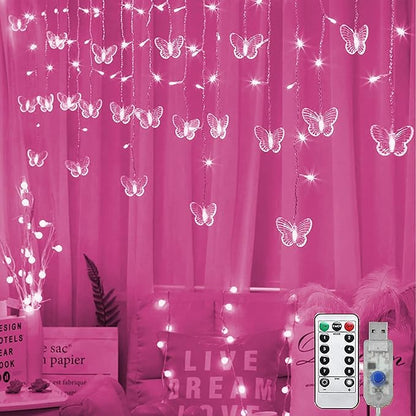 Butterfly Curtain Fairy Lights USB Plug in, 8 Modes 96 LED 11.5FT Firefly Window Twinkle Timer String Lights with Remote for Bedroom Patio Christmas Wedding Party Decoration (Pink)