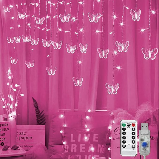 Butterfly Curtain Fairy Lights USB Plug in, 8 Modes 96 LED 11.5FT Firefly Window Twinkle Timer String Lights with Remote for Bedroom Patio Christmas Wedding Party Decoration (Pink)