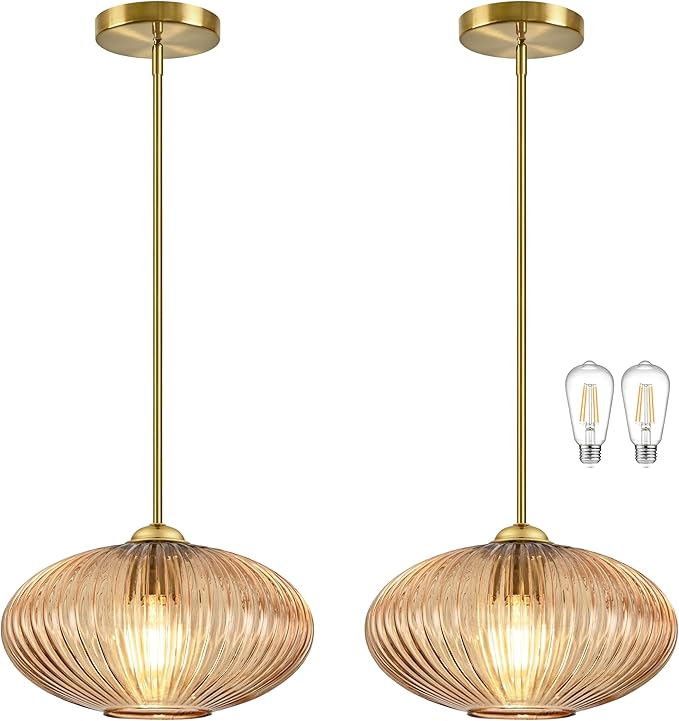 12" Amber Glass Modern Pendant Light Kitchen Island 2 Pack Brushed Gold Mid Century Modern Pendant Lighting with Clear Amber Glass Hanging Pendant Light for Dining Room（Bulb Incl.）
