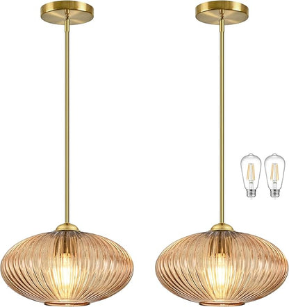 12" Amber Glass Modern Pendant Light Kitchen Island 2 Pack Brushed Gold Mid Century Modern Pendant Lighting with Clear Amber Glass Hanging Pendant Light for Dining Room（Bulb Incl.）