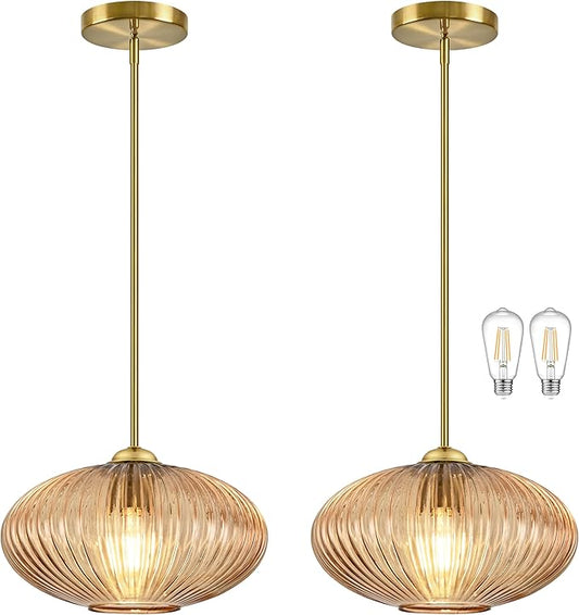 12" Amber Glass Modern Pendant Light Kitchen Island 2 Pack Brushed Gold Mid Century Modern Pendant Lighting with Clear Amber Glass Hanging Pendant Light for Dining Room（Bulb Incl.）