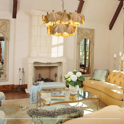 TOCHIC Gold Vintage Chandelier, 8 Lights Rustic Chandeliers for Dining Room, Modern Farmhouse Chandelier with Ginkgo Leaves, Ceiling Light Fixture for Living Room Bedroom Entryway W-25.98"