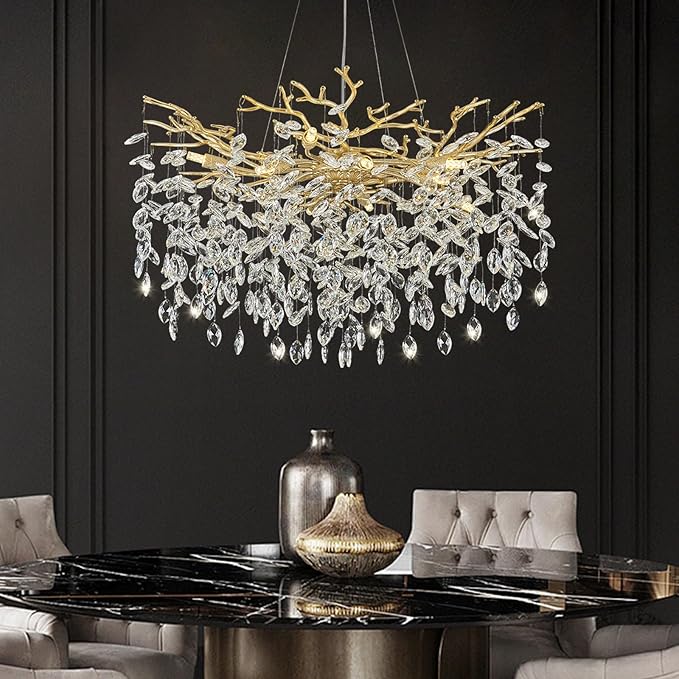 Gold Crystal Tree Branches Chandelier,23" Modern Round Crystal Chandeliers for Dining Room, K9 Crystal Lighting Fixture Chandelier for Bedroom, Living Room, Foyer,Kitchen Island,Bathroom