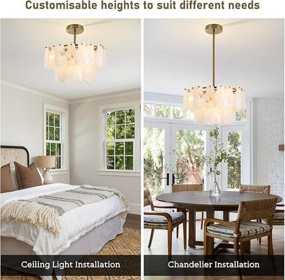 KELUOLY Modern Gold Chandeliers, 17.7" Luxury Cloud Glass Light Fixture, 2-Layer Round Ceiling Hanging Light Fixture for Bedroom Dining Room Kitchen Island Living Room Entryway Bar Farmhouse 6-Light