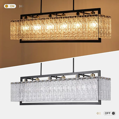 Modern Black Crystal Chandelier for Dining Room, 42" Hanging Light Fixture,Water Ripple Glass Design, Adjustable Height, Rectangle Chandelier for Living Room Kitchen Island