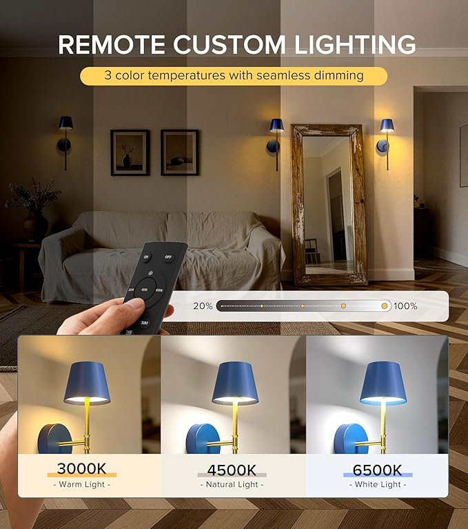 UME Wireless Sconces Set of 2 with Remote, 5200mAh Battery Powered Sconces - Small Rechargeable Sconces w/ 3 Color Temps & 5 brightness levels for Bedroom, Living Room, Wall Painting, Cafe (Blue-gold)