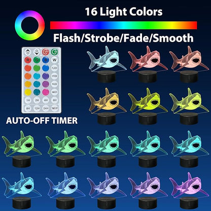 Shark Light, 3D Illusion Shark Night Light with 16 Colors Timer Remote, Kids Room Decor Shark Lamp, Shark Decorations & Gifts for Boys Girls Teenagers Adults