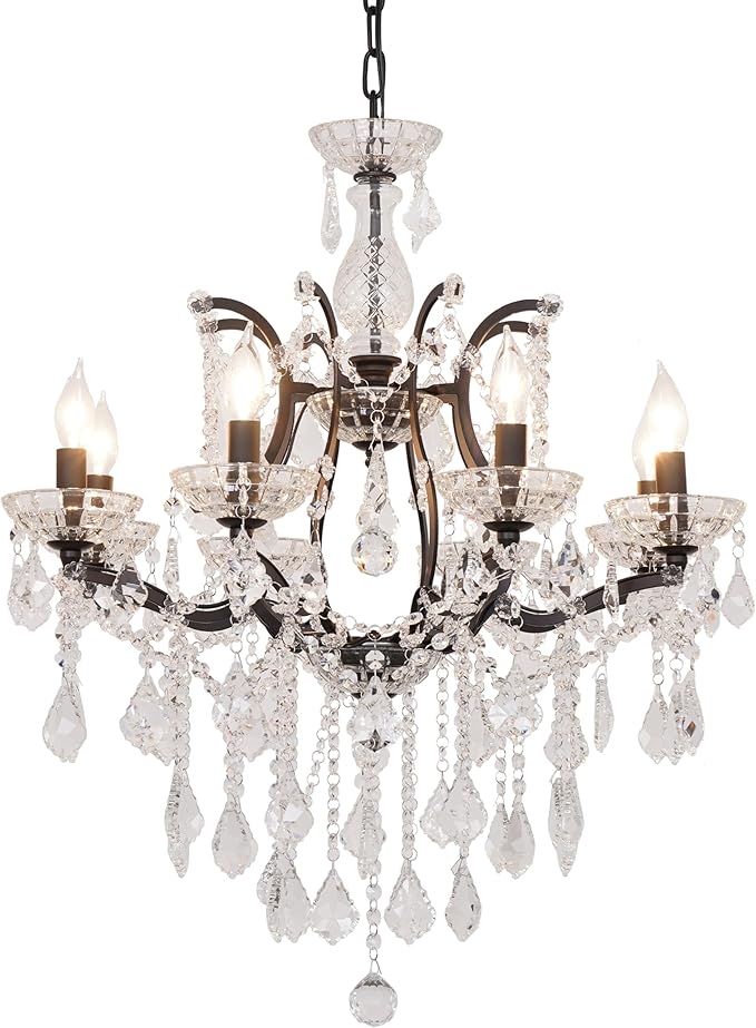 6-Light Crystal Chandelier Black Finish Modern Luxury Antique Flush Mount Chandelier with Crystal Drops Prisms Beads, Elegant Dining Room Living Room Entryway Foyer Ceiling Light Fixture