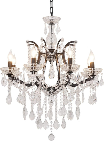6-Light Crystal Chandelier Black Finish Modern Luxury Antique Flush Mount Chandelier with Crystal Drops Prisms Beads, Elegant Dining Room Living Room Entryway Foyer Ceiling Light Fixture