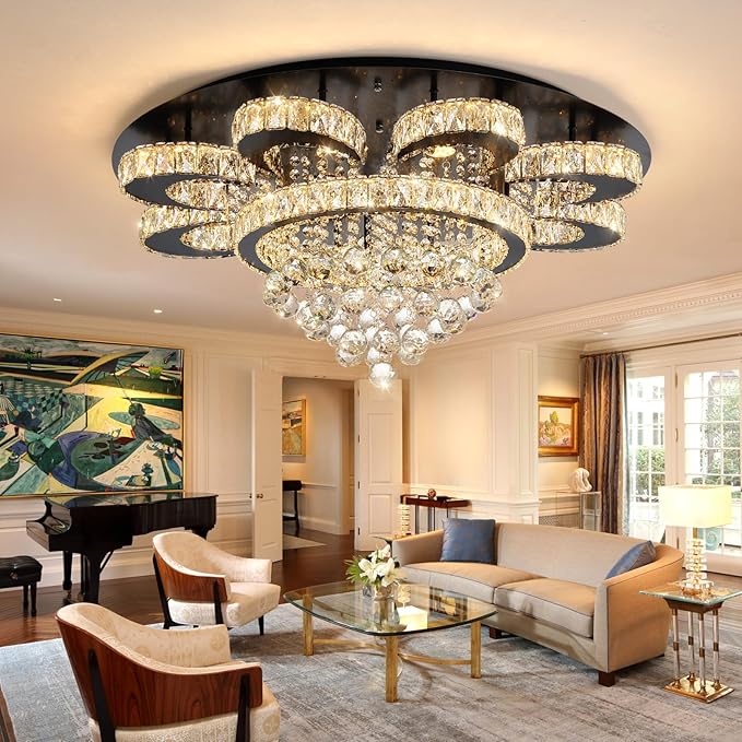 HAIXIANG Modern Chandelier Living Room Glam Chandeliers Ceiling Light Fixture Remote Dimmable Lights 32 Inches Luxury Crystal Black Light