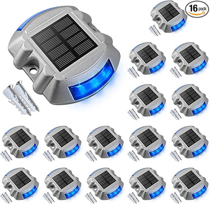 VOLISUN Solar Deck/Dock Lights, 16-Pack Led IP68 Waterproof Outdoor Warning Step Lights for Driveway Sidewalk Garden Pathway Yard (Blue, Auto On/Off