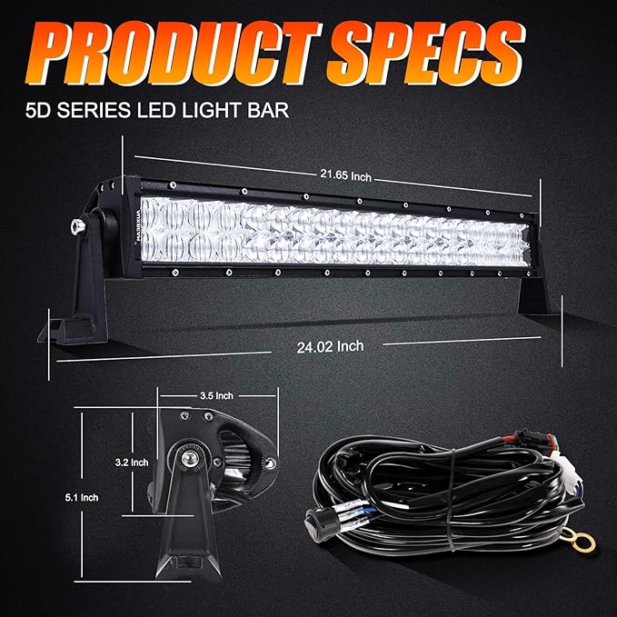 Auxbeam 22" LED Light Bar 120W LED Driving Light Off-Road Lights Spot Flood Combo Work Light Fog Lamp 5D Lens with Wiring Harness for SUV, ATV, UTV, Jeep, Vehicle, Pickup