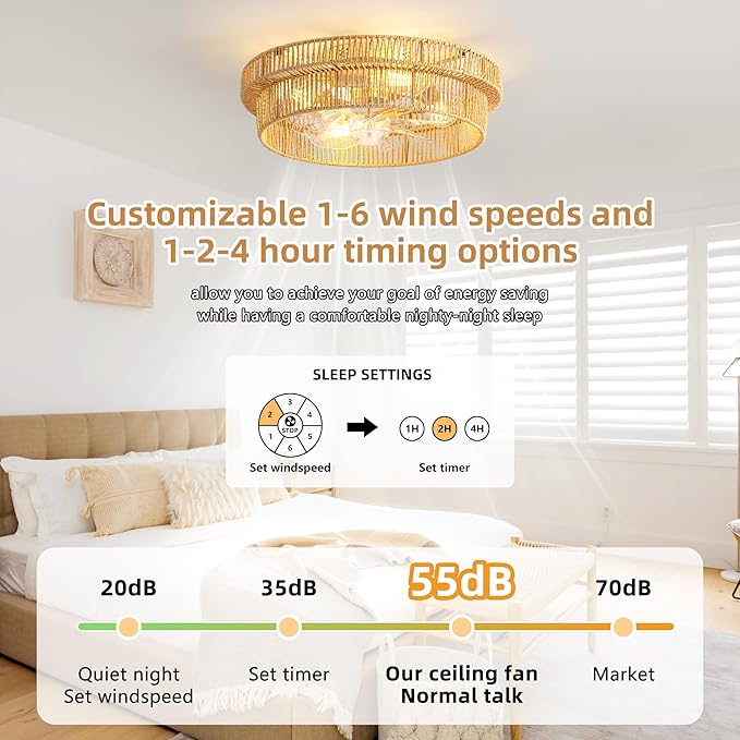 Rattan Boho Ceiling Fan with Light Flush Mount, 20 Inch Caged Ceiling Fans with Light and Remote Control, Low Profile Enclosed 6 Speeds for Bedroom, Nursery, Living Room, E26 Base (Brown)