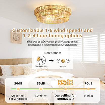 Rattan Boho Ceiling Fan with Light Flush Mount, 20 Inch Caged Ceiling Fans with Light and Remote Control, Low Profile Enclosed 6 Speeds for Bedroom, Nursery, Living Room, E26 Base (Brown)
