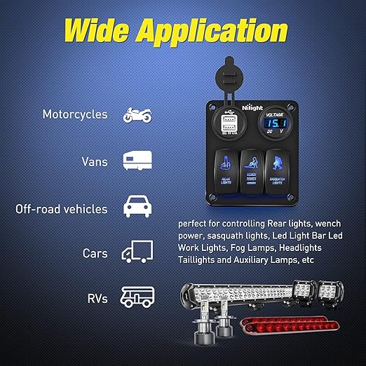 Nilight 3 Gang Rocker Switch Panel USB Charger LED Voltmeter Sasquatch Lights Wench Power Rear On Off Aluminum Waterproof Toggle for 12V Cars Trucks Boats