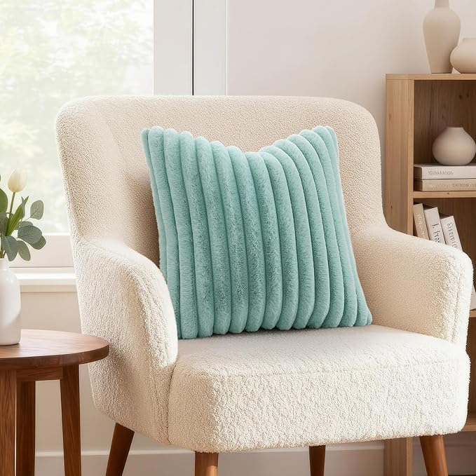 decorUhome Summer Cozy Faux Fur Throw Pillow Covers 24x24 Set of 2 Decorative Soft Plush Striped Modern Farmhouse Boho Couch Euro Sham Pillow Cases with Velvet Back for Sofa Bed Living Room, Aqua