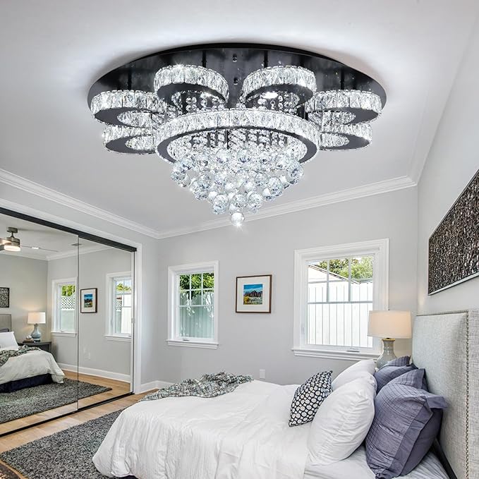 HAIXIANG Modern Chandelier Living Room Glam Chandeliers Ceiling Light Fixture Remote Dimmable Lights 32 Inches Luxury Crystal Black Light