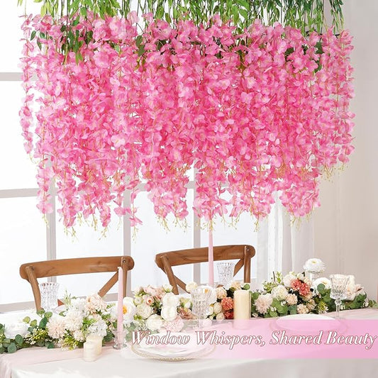 Waipfaru 12 Pack Wisteria Hanging Flowers, 3.6 Feet/Pcs Pink Wisteria Artificial Flowers, Fake Flowers Garland, Hanging Wisteria Vines for Bedroom Wedding Home Party Wall Decoration