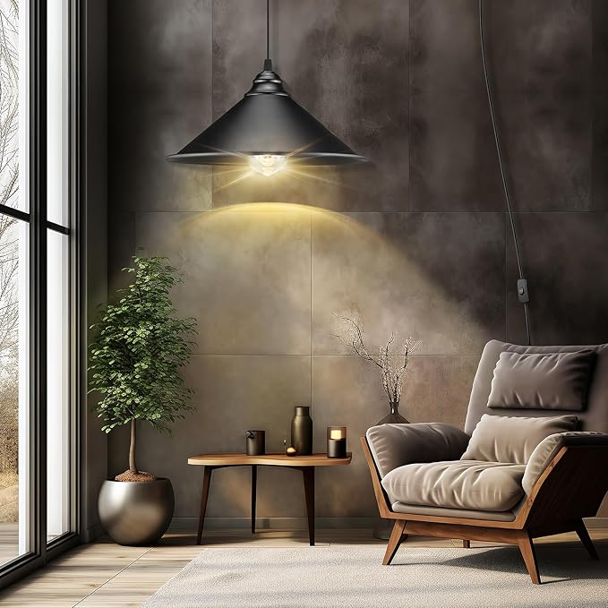 LYOOWNG Plug in Pendant Light, Bigger Hanging Lights with Plug in Cord On/Off Switch, 13FT Industrial Plugin Hanging Light, Vintage Pendant Lights Fixture, Big Black