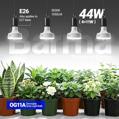 Barrina Orbgrow OG11A Grow Light Bulbs for Indoor Plants, Integrated Dimming & Timing, 5000K 44W(4 x 11W, 400 Watt Equiv), E26 Plant Light Bulb, Full Spectrum for Seeds and Greens, 4 Packs, White