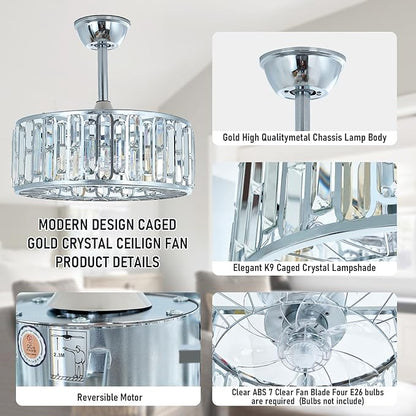 18.2" Silver Crystal Caged Ceiling Fan with Light 4-Lights Modern Flush Mount Fandelier Lights Remote Chrome Crystal Chandelier Ceiling Fan for Bedroom Living Room Dining Room Entry Loft Hallway