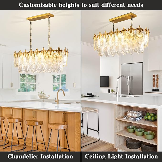 KELUOLY Rectangular Crystal Glass Dining Room Chandelier, 8 Light Gold Chandeliers Lighting Fixture, L33.5'' Height Adjustable Oval Ceiling Pendant Light for Office Coffee Over Table Kitchen Island