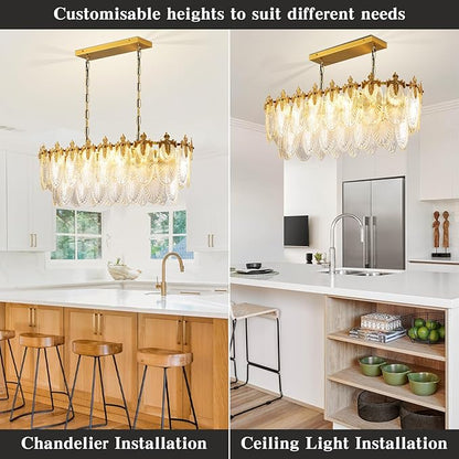 KELUOLY Rectangular Crystal Glass Dining Room Chandelier, 8 Light Gold Chandeliers Lighting Fixture, L33.5'' Height Adjustable Oval Ceiling Pendant Light for Office Coffee Over Table Kitchen Island