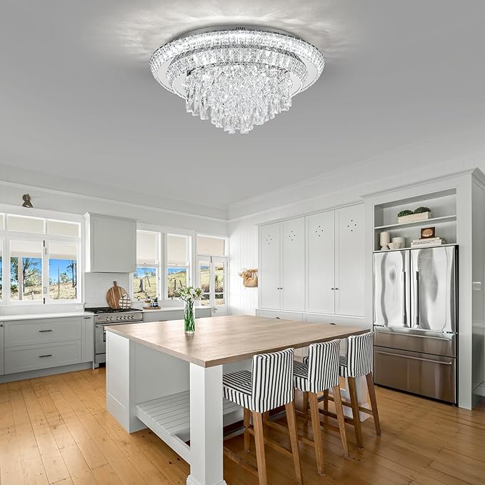 COCOSTAR 24 inch Flush Mount Crystal Chandeliers with Remote and APP, Modern Elegant LED Crystal Raindrop Ceiling Light Fixture, 3CCT Dimmable, for Living Room Kitchen Island Bedroom Entryway Foyer