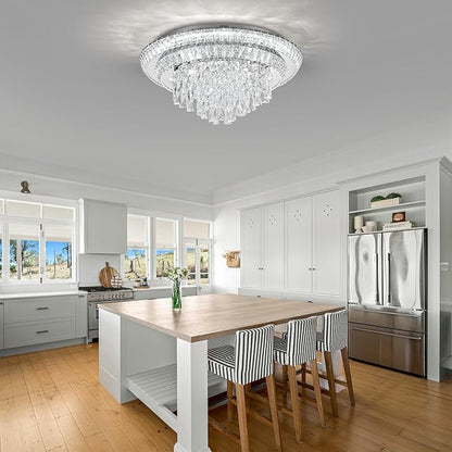 COCOSTAR 24 inch Flush Mount Crystal Chandeliers with Remote and APP, Modern Elegant LED Crystal Raindrop Ceiling Light Fixture, 3CCT Dimmable, for Living Room Kitchen Island Bedroom Entryway Foyer