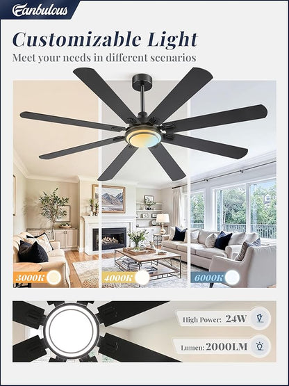 Fanbulous 72 Inch Ceiling Fans with Lights and Remote, Black Ceiling Fan with 8 Dual-Color Blades, Indoor/Outdoor Large Ceiling Fans, Reversible DC Motor, 6-Speed, 3CCT for Living Room Kitchen Patio