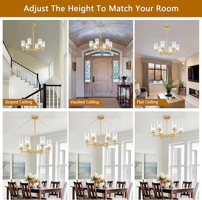 Modern Gold Chandeliers for Dining Room, 6-Light Chandelier Light Fixture with Clear Glass Shades, Metal Hanging Pendant Lighting for Living Room, Kitchen, Staircase, Entryway