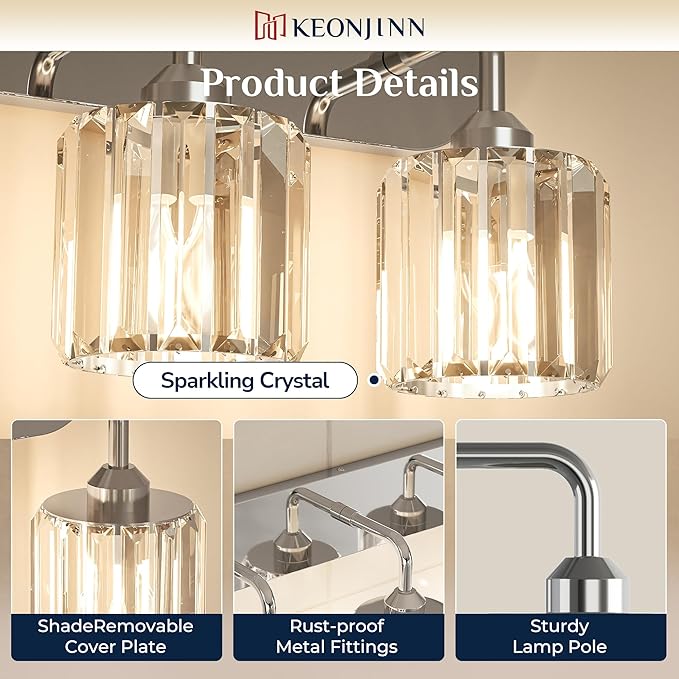 Keonjinn 5-Light Bathroom Light Fixtures, Crystal Chrome Bathroom Vanity Lights Over Mirror, Vanity Lighting Fixtures with Crystal Square Shades (E26 Socket, Exclude Bulb)