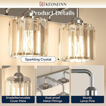 Keonjinn 6-Light Bathroom Light Fixtures, Crystal Chrome Bathroom Vanity Lights Over Mirror, Vanity Lighting Fixtures with Crystal Square Shades (E26 Socket, Exclude Bulb)