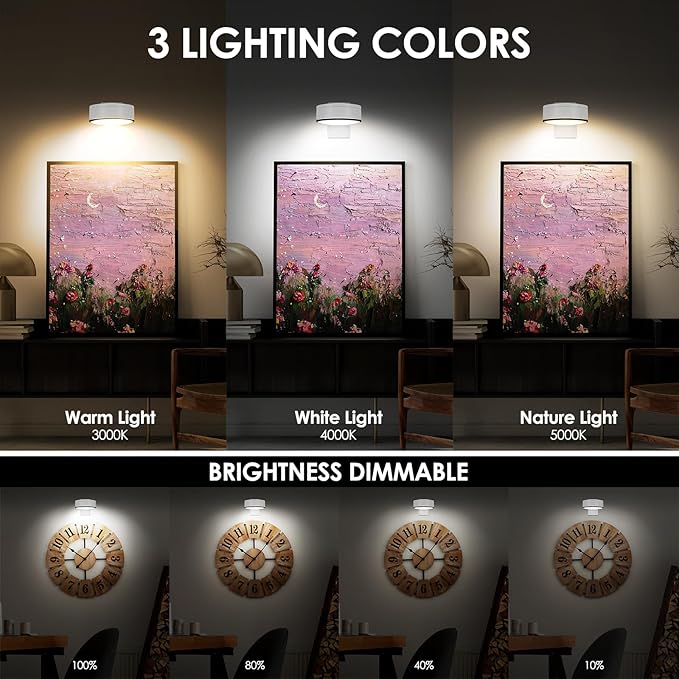 Arixinks 3Pcs Battery Picture Lights, Remote Painting Light for Art Disaplay,Magnetic Wall Picture Light Up/Down Light,Dimmable & Timer, 200LM 3 Lighting for Gallery Dartboard Frame Pictures