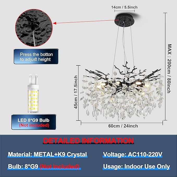 Modern Crystal Tree Branches Chandelier, 23.5in Black 8 Lights Large Ceiling Hanging Light for Dining Room, Round Raindrop Pendant Light Fixture