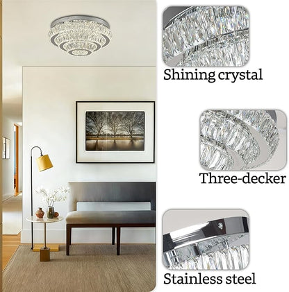 Modern 3-Tier Round Crystal Ceiling Light, 17.7" Flush Mount Chandelier, 3 Color Temperatures via Wall Switch, K9 Crystal LED Ceiling Lamp for Living Room Bedroom Dining Room Hallway, Non-Dimmable