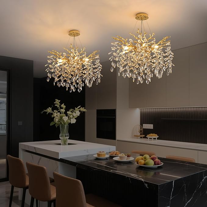 Modern Crystal Tree Branch Chandelier, D23.7'' Round Gold Raindrop Indoor Hanging Ceiling Lighting Fixture for Dining Room Living Room Bedroom Foyer 8 Lights